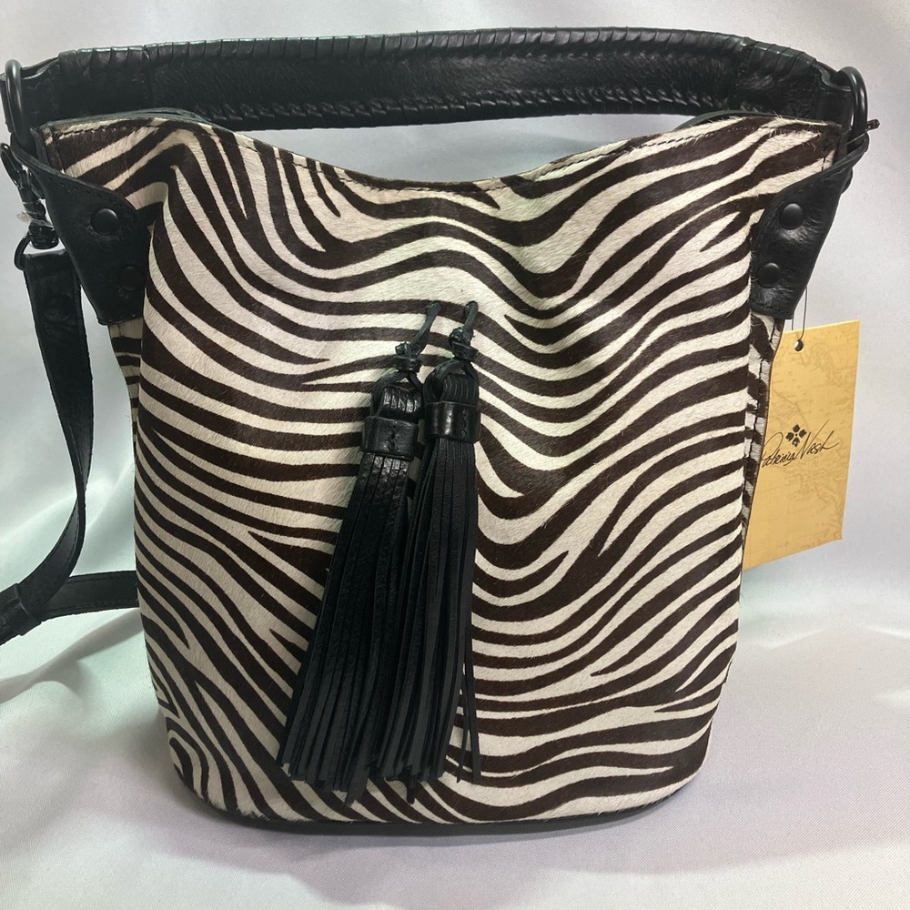 Patricia Nash Black and White Zebra Bucket Bag arm and shoulder strap